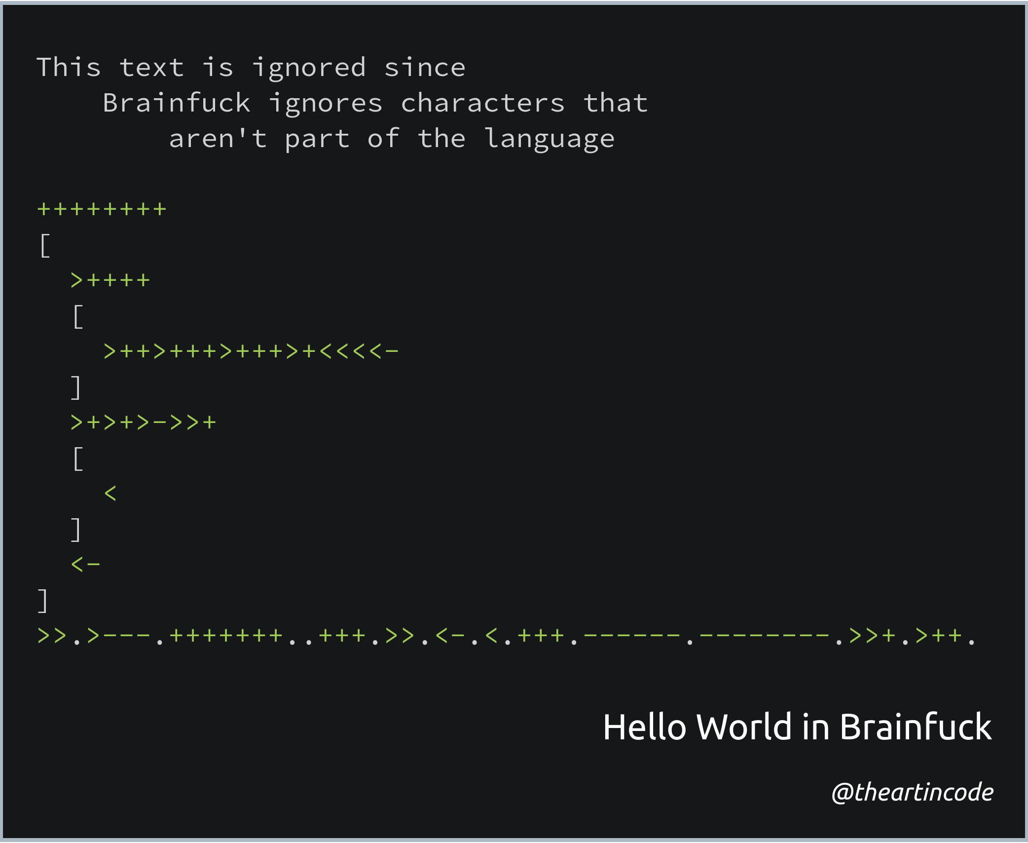 Code snippet of Hello World in Brainfuck