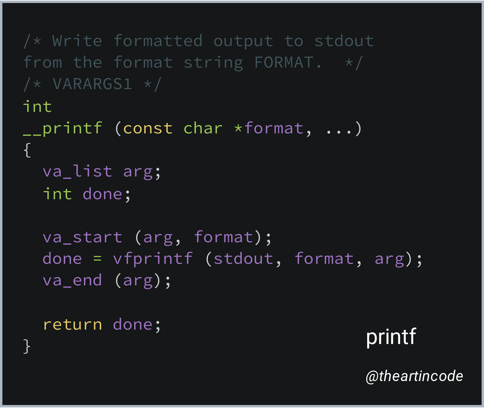 Code snippet of the printf function